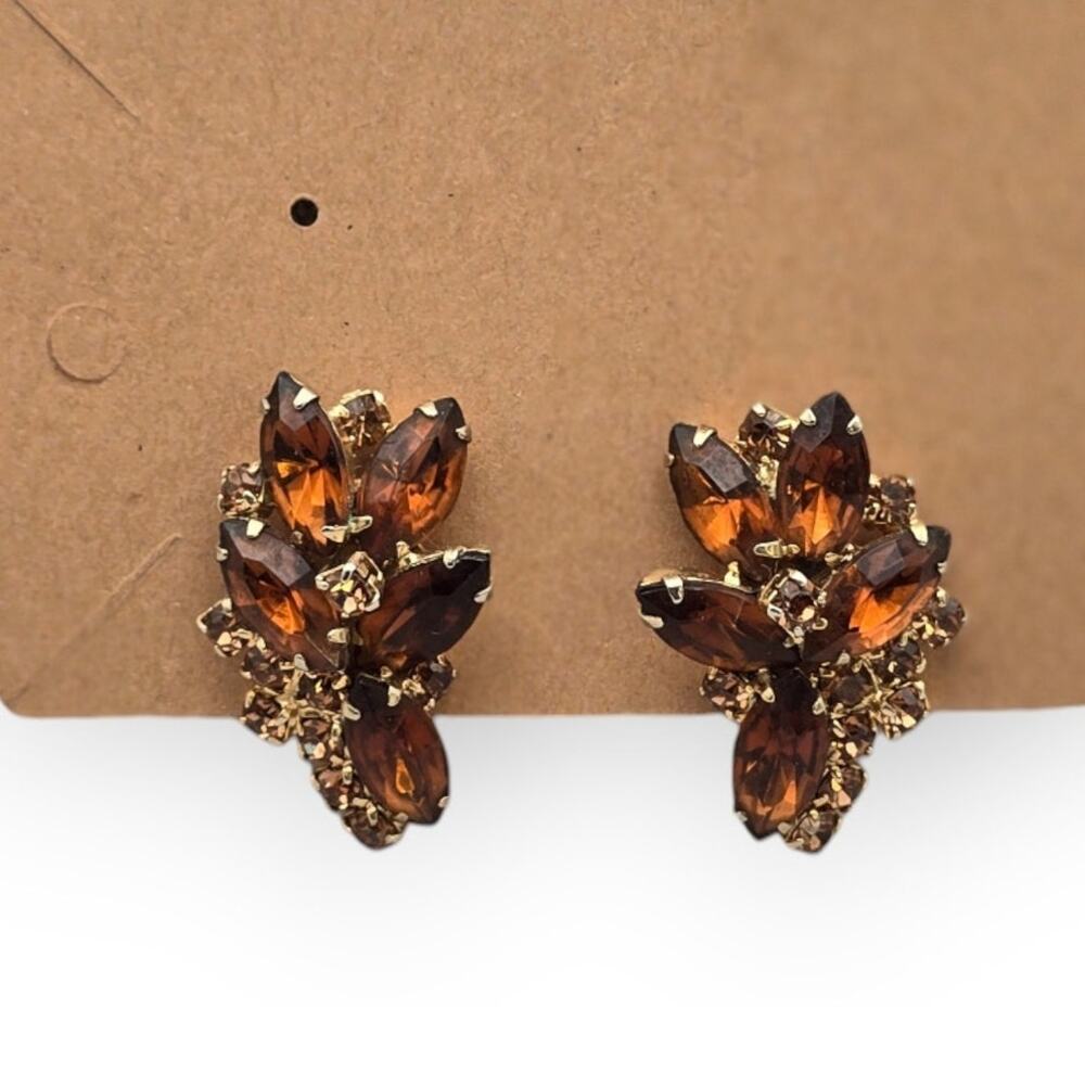 Amber Rhinestone Cluster Clip-On Vintage Earrings